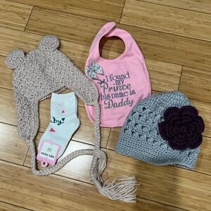 New Crochet Baby Hat Set with Pink Bib and Socks